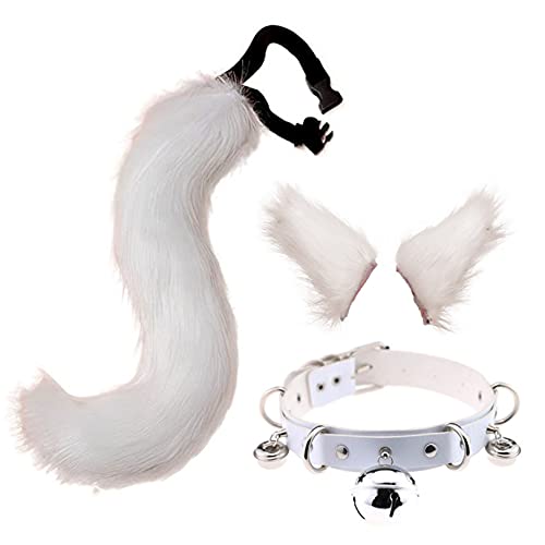 YYZLL 1 Set Faux Fur Cat Ears Hair Clip Furry Wolf Fox Long Tail Costume Halloween Party Neck Chocker Cosplay,White Cover