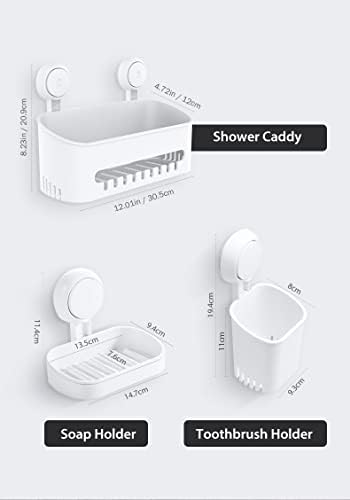 Bathroom Caddy Set(3Pcs)- Shower shelf no drilling + Soup Dish & Toothbrush Holder -Vacuum Shower Caddy Suction Cup - Plastic shower caddy - storage caddy - Shampoo holder - Removable Waterproof Shelf