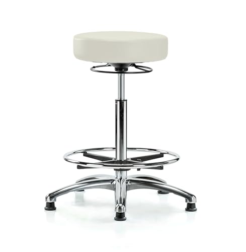 Image of Perch Rolling Stool with Foot Ring, Glides, 24 inch-34 inch, Off-White Vinyl
