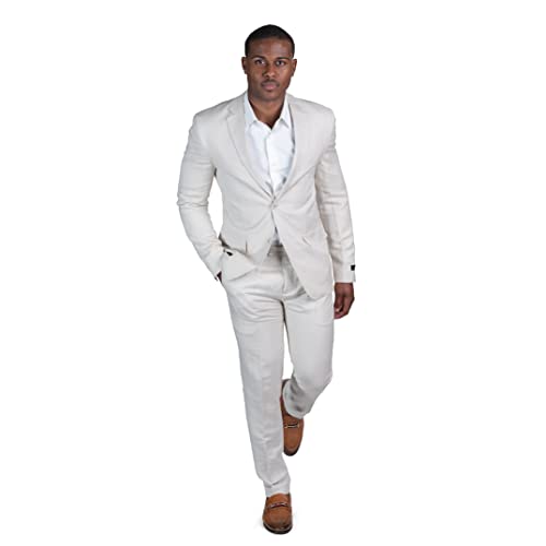 AZAR MAN Slim Fit Mens Linen Suit Notch Lapel 2 Button