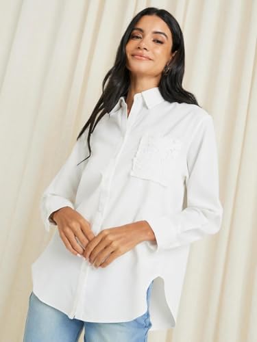 Image of Styli Women Oversized Shirt with Schiffli Front Pocket | Stylish Casual Shirt for Office, Party Outfits