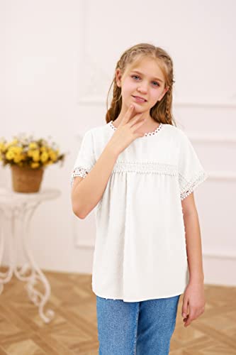 Mafulus Girl's Short Sleeve Tops Casual Crewneck T Shirts Pom Pom Loose Soft Blouses Tunic Tees White #TOP1
