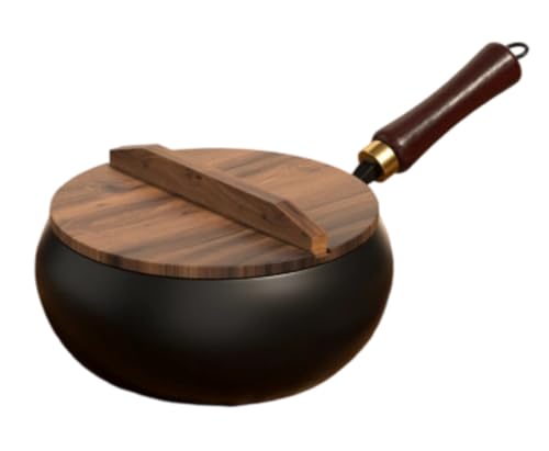 EVREFIN 手作り鉄鍋、高純度鉄フライパン、大容量、コーティングなし、防滴設計、ガスおよび電磁調理器に対応、プロ仕様、家庭用、中華鍋、コーティングの中華鍋フライパン (磨かれた木製の蓋と上質な鉄のシャベルが付いた24cmのポット)