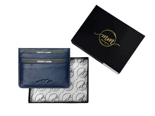 Image of MM Designs Slim and Compact Leather Credit Card Holder for Men and Women | Genuine Leather RFID Blocking Protection | Minimalist Card Wallet with 6 Card Slots (Navy Blue)