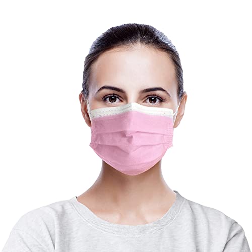 EZGOODZ Disposable Pink Face Masks. Pack of 50 Adult Mouth and Nose Masks. 3-ply Mouth Covers with Nose Wire. Face Protection with Adjustable Earloops for Outdoor, Home, Office. Unisex Dust Mask.