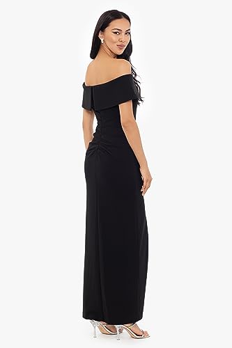 Image of Xscape Women's Off Shoulder Straight Neck Evening Gown with Foldover Cuff, Side Ruffle, Leg Slit, Fitted Formal Dress
