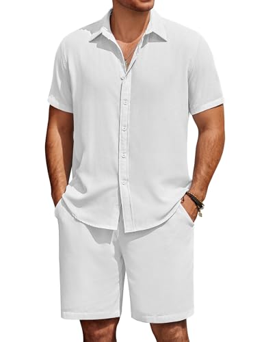 COOFANDY Mens Summer Beach 2 Piece Outfits Casual Vacation Cotton Linen Yoga Matching Set Short Sleeve Shirt and Shorts