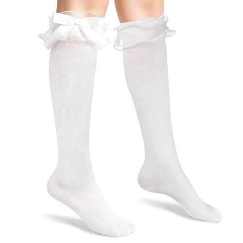 White Women Girl's Fashion Knee High Socks with Bow Womens Lace Ruffle Knee High Socks Girls Kawaii Lolita Stockings Cotton Bow Style Frilly Long Sock for Daily Wear Dating Performances Parties
