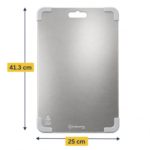 Image of Premium Stainless Steel Chopping Board 41.3x25cm Luxury Kitchen Gift, Mirror-Polished Heavy-Gauge Steel Chopping Board with Anti-Slip Silicon Corners for Housewarming and Weddings