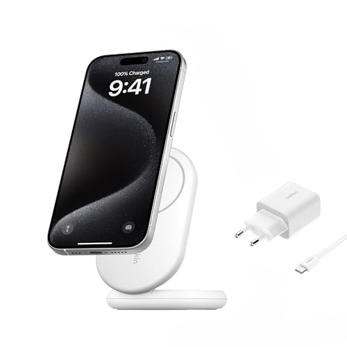 Belkin BoostCharge Cargador Inalámbrico con Qi2, Soporte Magnético Compatible con MagSafe y Standby 15 W, Cargador Rápido portátil, iPhone 17, 16, 15, 14 y 13 - con Fuente de alimentación - Blanco