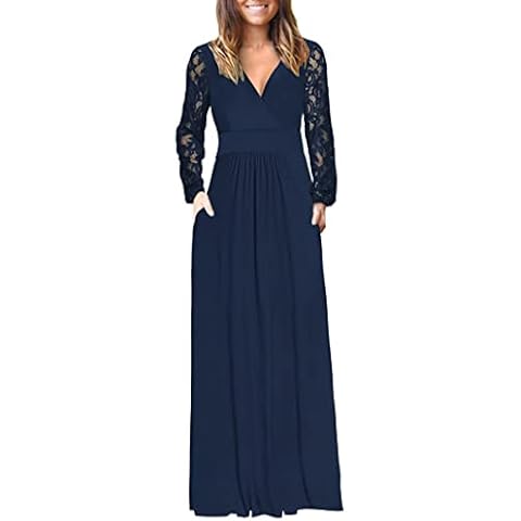 WNEEDU Maxi Vestido de Manga Larga Vintage con Bolsillos Azul Marino XL Cover