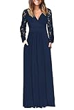 AUSELILY Womens Long Sleeve Maxi Dress 2026 Fall Lace Long Sleeve Dress V Neck Wrap Waist Long Dresses with Pockets Navy Blue M