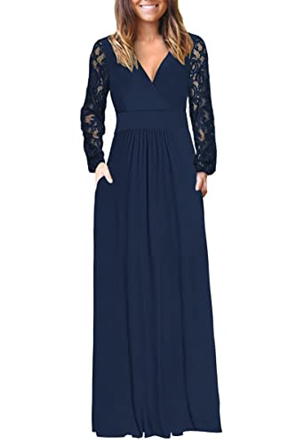 AUSELILY Womens Long Sleeve Maxi Dress 2026 Fall Lace Long Sleeve Dress V Neck Wrap Waist Long Dresses with Pockets Navy Blue L