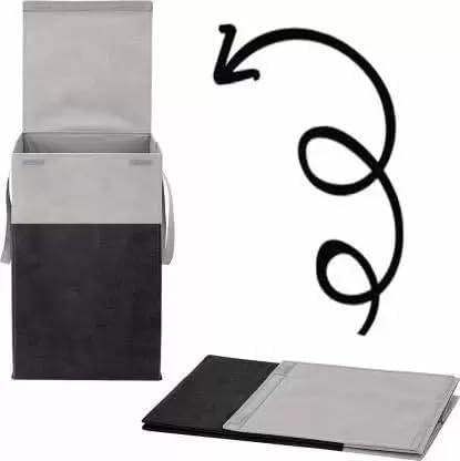 Image of Non Woven Printed Rectangular Foldable Laundry Bag | Lid And Handle Clothes Storage Organiser For Bedroom Dorm Closet Utility Container | 75L Laundry Basket Pack Of 2 | Black Grey