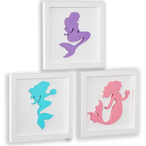 Image of Purple Aqua Pink Nursery Decor Set - 3D Mermaid Wooden Framed Wall Art, Hanging Decor for Girls Bedroom, Bathroom Accessories, Little Mermaid Gift