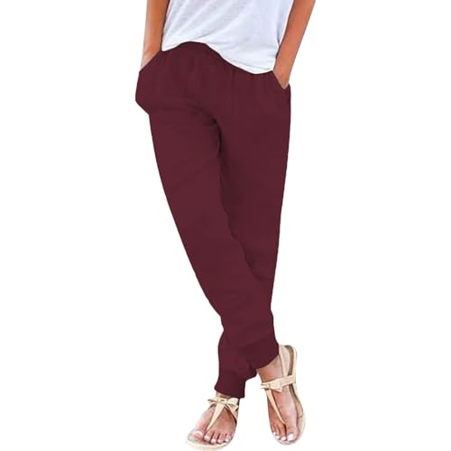 Pantalones de lino para mujer, de verano, ligeros, de tela con bolsillos, pantalones de verano, holgados, rectos, con puños, pantalones de ocio, cintura alta, pantalones de deporte, tallas grandes