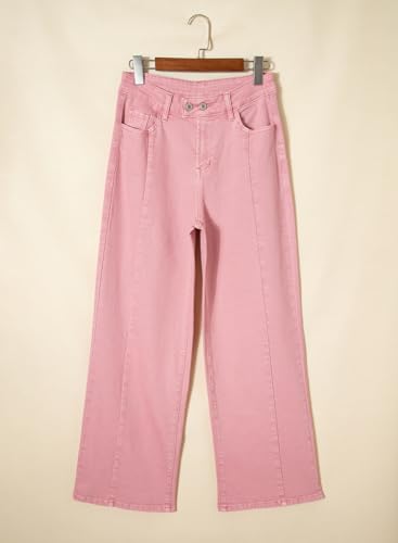 Sidefeel Women's Wide Leg Jeans High Waisted Stretchy Western Outfit Front Seam Denim Pants Size 10 Pink