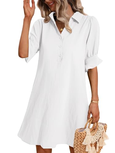 Zeagoo Womens Shirt Dress Casual Ruffle Short Sleeve Summer Dresses Chiffon Button Down Work Dress with Pockets White