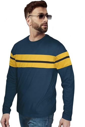 Image of Cotton Blend Regular Fit Colorblock Men Round Neck Navy Blue T-Shirt