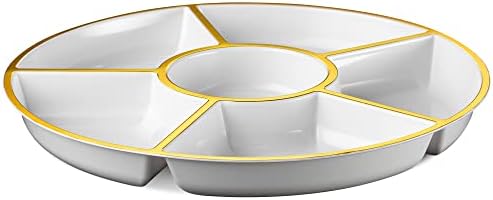 Plasticpro 6 Sectional Round Plastic Serving Tray/Platter (4, White & Gold)