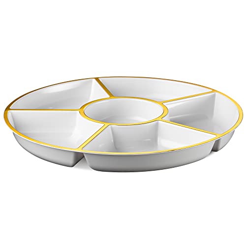 Plasticpro 6 Sectional Round Plastic Serving Tray/Platter (2, White & Gold)