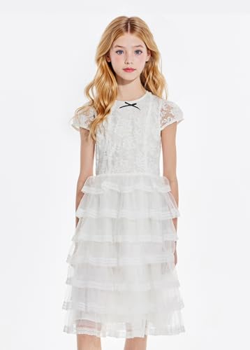 Girls Floral Dress for Spring & Summer,White Lace Overlay with 7-Layer Tulle Skirt - Princess Party Dress for Girls4