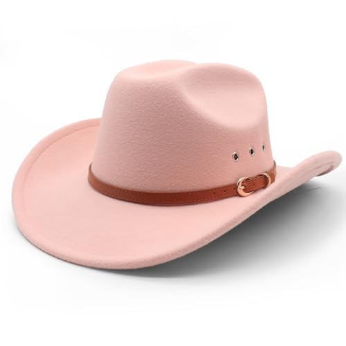 LIDHAY Cowboy Hat for Women and Men Felt Wide Brim Classic Outdoor Fedora Hats Western Cowboy Cowgirl Hats with Belt Buckle 3 Skin Pink