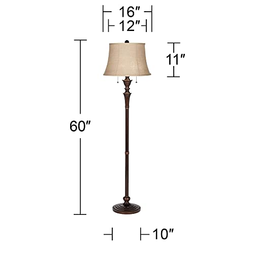 Regency Hill Brooke Traditional Standing Floor Lamp 60" Tall Rich Bronze Copper Accents Metal Column Brown Burlap Modified Bell Shade For Living Room Reading House Family Bedroom Home #TOP3