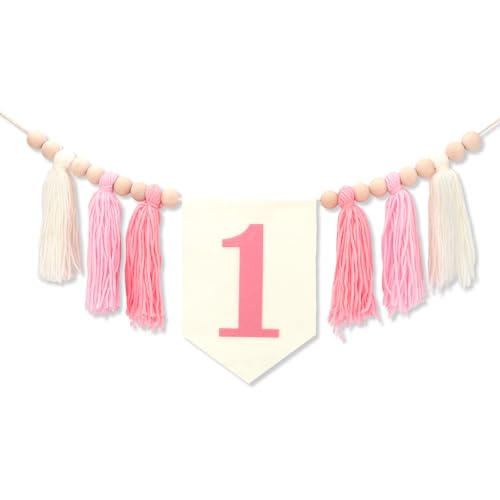 Image of One High Chair Banner for 1st Birthday Decoration Girls, Pink Tassel Banner for 1st Birthday Photo Backdrop Decor