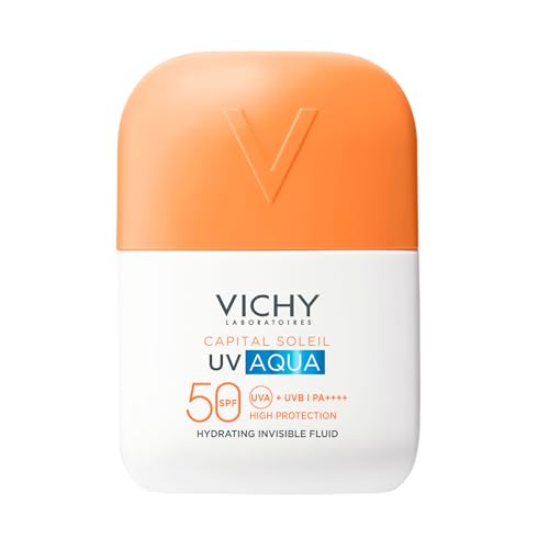 Vichy UV Aqua Fluido Hidratante Invisible SPF50, para todo tipo de pieles, con complejo antipérdida de agua, vitamina CG, vitamina E y glicerina, 50 ml