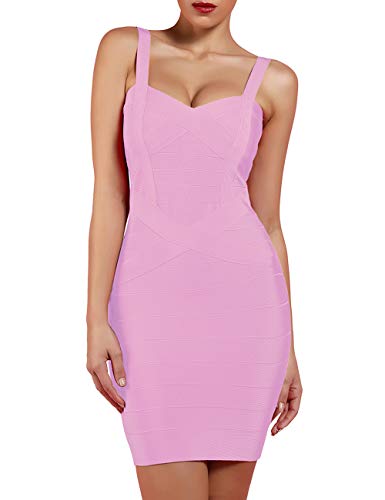 UONBOX Women's Rayon Cute Sleeveless Bodycon Bandage Strap Dress (L, Pink)