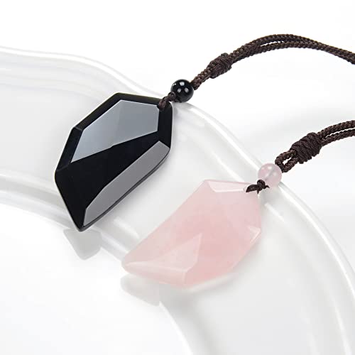 Domika 2Pcs Healing Stone Matching Heart Couples Necklace Rose Quartz Black Obsidian Crystal Pendant Adjustable Rope Love Puzzle Necklace For Men Women #TOP2