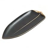 Home Decorative Ceramic Jewelry Storage Tray Gold-Rimmed Leaf-Shaped Fashionable Sushi Dessert (Black,Large)