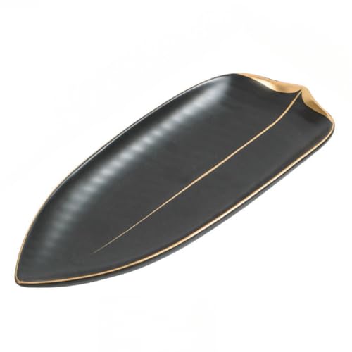 Home Decorative Ceramic Jewelry Storage Tray Gold-Rimmed Leaf-Shaped Fashionable Sushi Dessert (Black,Large)