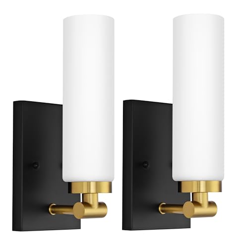 Image of Emak Bathroom Sconces Set of 2, Black and Gold Wall Sconce with Milk Glass Shade, Modern Farmhouse Bathroom Light Fixtures for Living Room, Bedroom, Gallery, WS086-BKBGD-ML-2PK
