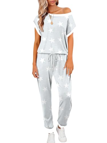 CRAZY GRID Women's 2-Piece Travel Outfit White-Star Print Off-Shoulder Blouse Drawstring-Waist Pants Breathable Casual Tracksuit GreyStar Medium