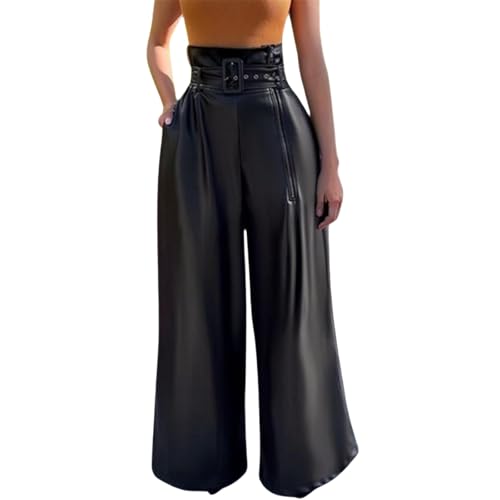 Pantalones sueltos de tela efecto cuero con bolsillos y cintura alta actual