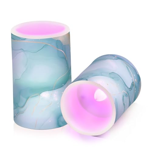 Image of Turquoise Green Marble Flickering Flameless Candles LED Battery Operated with Remote Timer Pillar Candles for Home Birthday Wedding Christmas Decor, Set of 2
