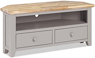 Florence white TV corner unit with 2 drawers. Quality corner TV cabinet with shelf and cabel access.