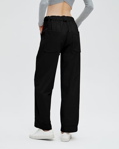 Women's Corduroy Pants Straight Leg Elastic High Waist Belt Cord Pants Trousers with Pockets3