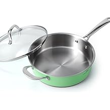 HOMICHEF 9.5 Inch Vibrant Mint Green Nickel Free Stainless Steel Saute Pan with Glass Lid - 2.5 Quart Non Toxic Deep Fring Pan for Induction Cooktop Oven Safe