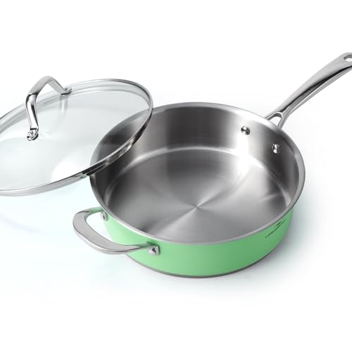 HOMICHEF 24CM Mint Green Nickel Free Stainless Steel Saute Pan Induction Oven Safe - 2.37 L Non Toxic Stainless Steel Deep Fry Pan with Glass Lid