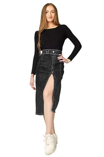 Image of Western Straight Stylish Comfortable Long Two Button Up Slit Dobby Denim Skirt for Women & Girls