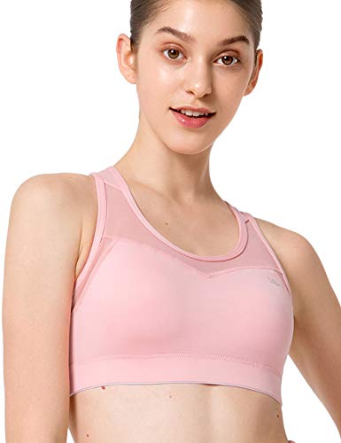 Yvette (イベット) ハイサポート スポーツブラ 揺れない レディース メッシュ切り替え パッド 後ろホック付き ノンワイヤー フィットネスブラ L plus ローズピンク