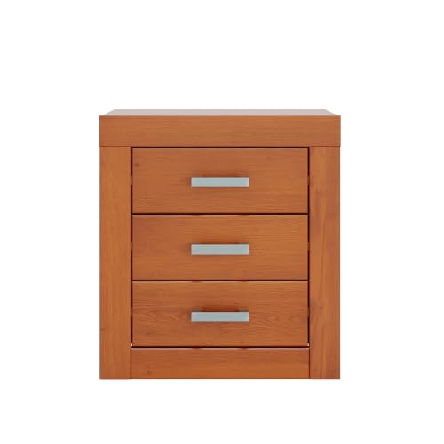 Dogar Moblit Mesita de Noche, Cómoda, Mueble Auxiliar, 3 Cajones en Madera de Pino Macizo Natural,Color Cerezo,Mueble Dormitorio Serie Kynus (Alto 55 × Ancho 50 × Fondo 35 cm) Robusta y Resistente