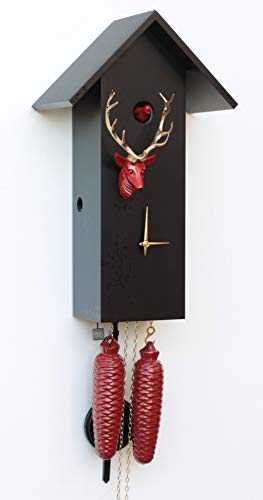 Rombach und Haas Moderne Kuckucksuhr Vogelhaus Simple Line schwarz/rot/Gold mit Hirschkopf 8-Tagewerk 41 cm Cover