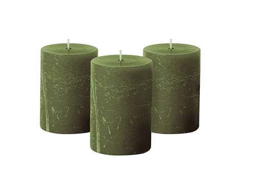 Simply Soson 3x4 inch Dark Moss Green Pillar Candles Set of 3, Rustic Texture, Unscented Green Candles, Dripless Candles, 3 inch Pillar Candles for Wedding Parties Spas Dinner Home Decoration Church