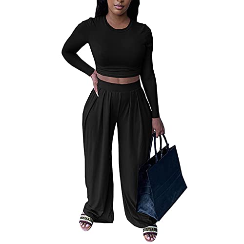 Womens Summer Casual Two Piece Outfit Long Sleeve Round Neck Crop Tops Wide Leg Pants Tracksuit Set Black M #TOP1