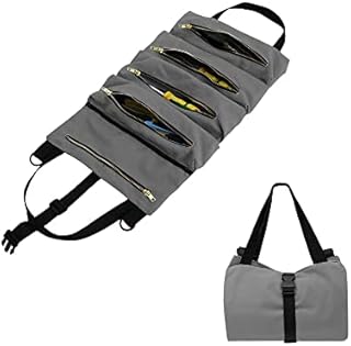 Tool Roll, RealPlus Multi-Purpose Canvas Tool Roll, Wrench Roll Pouch, Roll Up Tool Bag with 5 Zipper Pockets, Tool Organisers for Car Motorcycle (Gray)