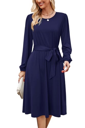 Newshows Womens Long Sleeve Casual Dresses 2025 Business Work Teacher Fall Church Belted A Line Flowy Midi Dress